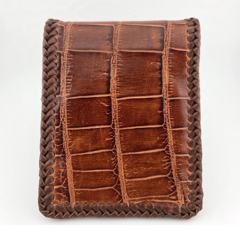 Handmade Brown Alligator Embossed Leather Bifold Wallet Braided Trim - Excellent